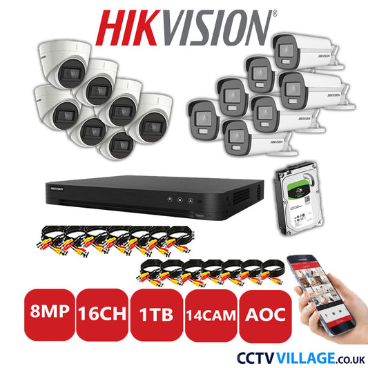 Hikvision 8MP Mix CCTV System 16 Channel DVR-iDS-7216HUHI-M2/S with 7x Turret Cameras DS.2CE78U1T-IT3F White & 7x Bullet Cameras DS.2CE12UF3T-E White 1TB HDD Full Kit