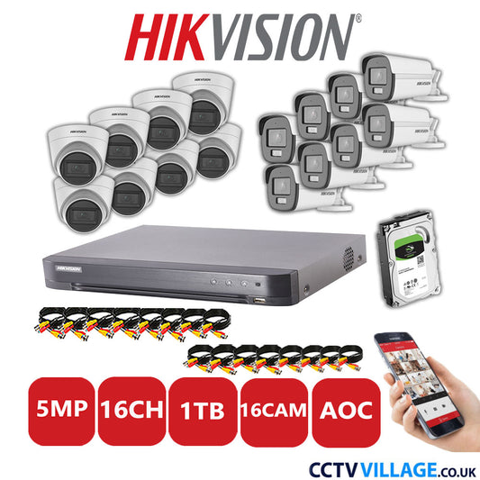 Hikvision 5MP Mix CCTV System 16 Channel DVR-iDS-7216HQHI-K1/4S with 8x Turret Cameras DS.2CE78HOT-ITM3S White & 8x Bullet Cameras DS.2CE12KF0T-LFS White 1TB HDD Full Kit