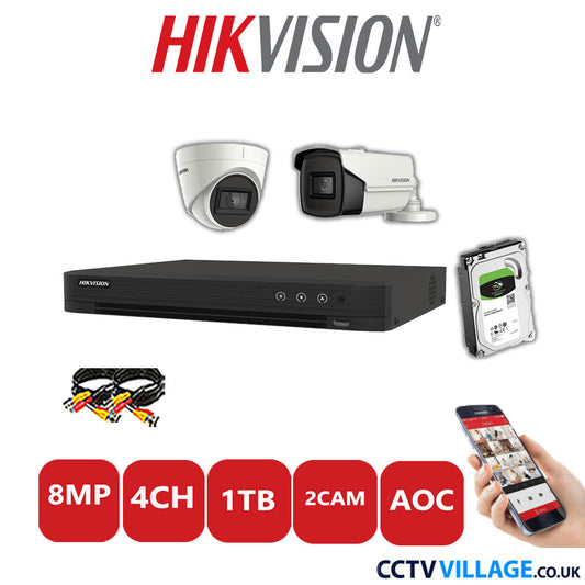 Hikvision 8MP Mix CCTV System 4 Channel DVR-iDS-7204HUHI-M1/S with 1x Turret Camera DS.2CE78U1T-IT3F White & 1x Bullet Camera DS.2CE16U1T-IT3F White 1TB HDD Full Kit