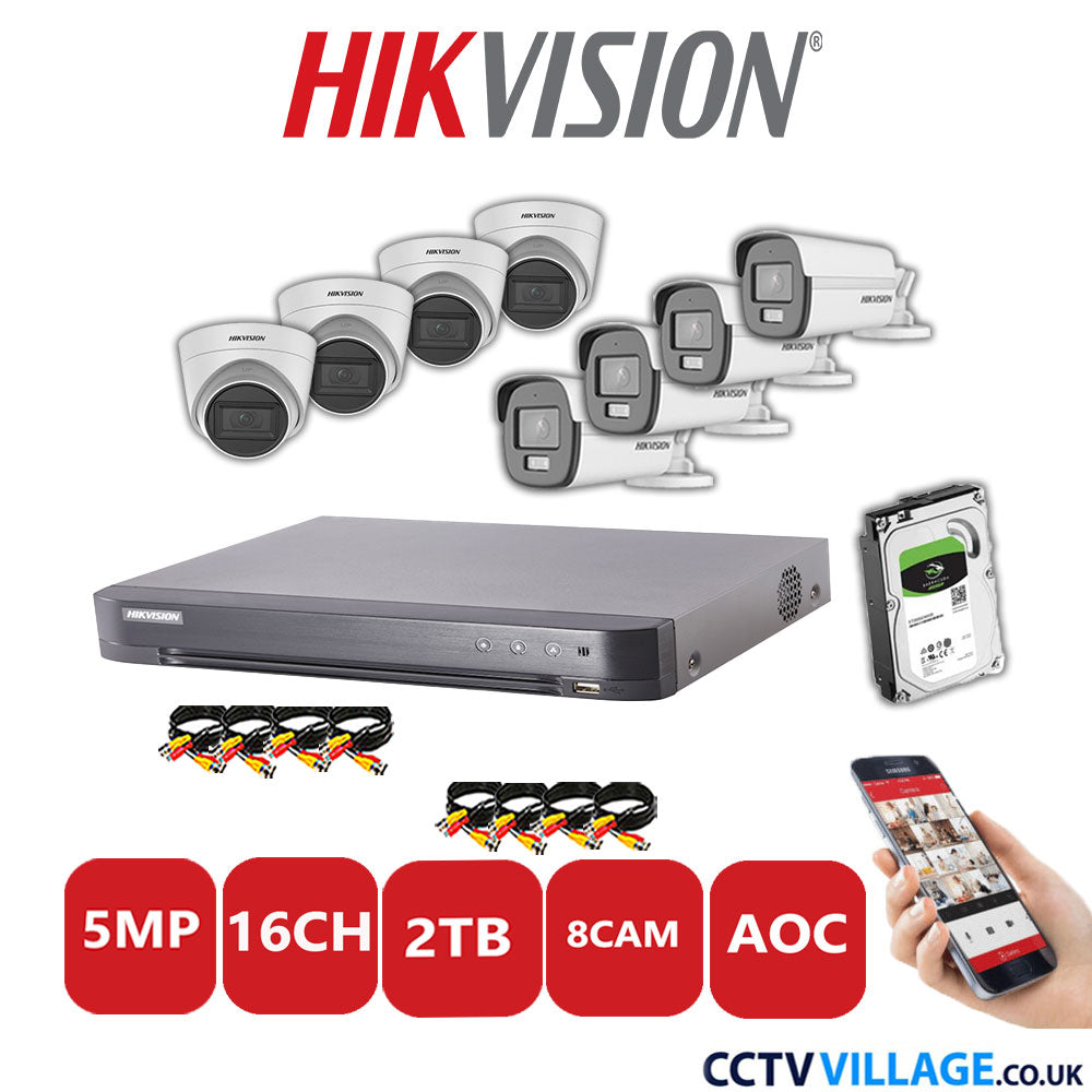 Hikvision 5MP Mix CCTV System 16 Channel DVR-iDS-7216HQHI-K1/4S with 4x Turret Cameras DS.2CE78HOT-ITM3S White & 4x Bullet Cameras DS.2CE12KF0T-LFS White 2TB HDD Full Kit