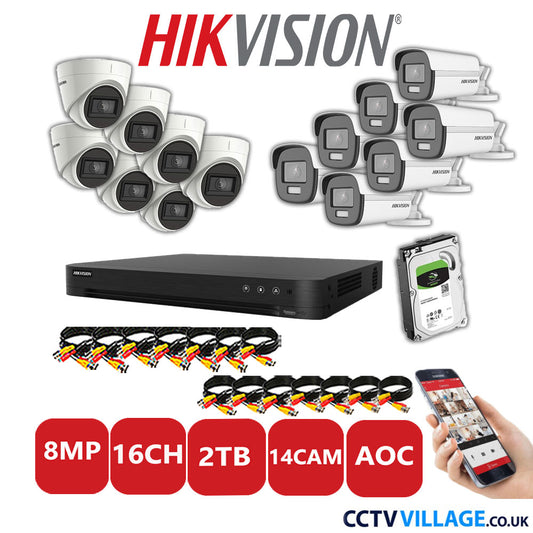 Hikvision 8MP Mix CCTV System 16 Channel DVR-iDS-7216HUHI-M2/S with 7x Turret Cameras DS.2CE78U1T-IT3F White & 7x Bullet Cameras DS.2CE12UF3T-E White 2TB HDD Full Kit