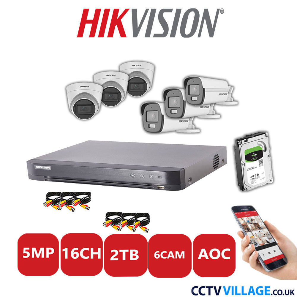 Hikvision 5MP Mix CCTV System 16 Channel DVR-iDS-7216HQHI-K1/4S with 3x Turret Cameras DS.2CE78HOT-ITM3S White & 3x Bullet Cameras DS.2CE12KF0T-LFS White 2TB HDD Full Kit