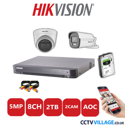 Hikvision 5MP Mix CCTV System 8 Channel DVR-iDS-7208HQHI-K1/4S with 1x Turret Camera DS.2CE78HOT-IT3FS White & 1x Bullet Camera DS.2CE12KF0T-LFS White 2TB HDD Full Kit