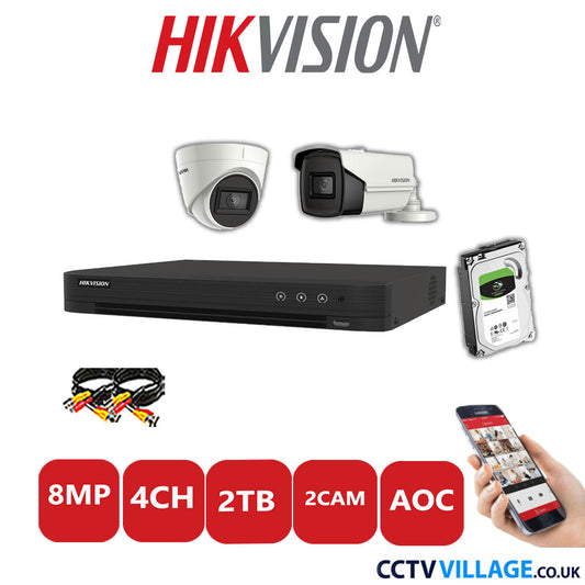 Hikvision 8MP Mix CCTV System 4 Channel DVR-iDS-7204HUHI-M1/S with 1x Turret Camera DS.2CE78U1T-IT3F White & 1x Bullet Camera DS.2CE16U1T-IT3F White 2TB HDD Full Kit