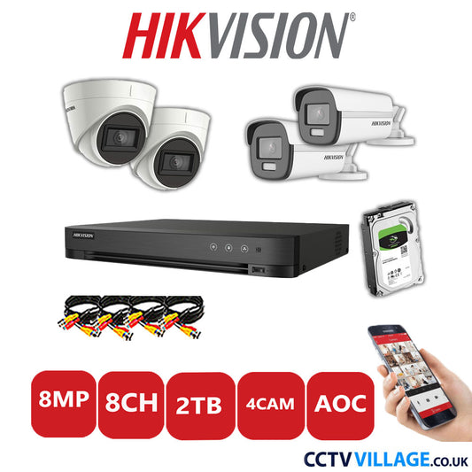 Hikvision 8MP Mix CCTV System 8 Channel DVR-iDS-7208HUHI-M1/S with 2x Turret Cameras DS.2CE78U1T-IT3F White & 2x Bullet Cameras DS.2CE12UF3T-E White 2TB HDD Full Kit