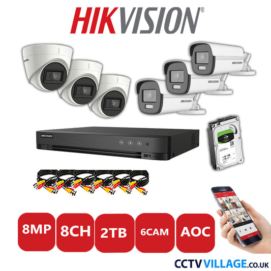 Hikvision 8MP Mix CCTV System 8 Channel DVR-iDS-7208HUHI-M1/S with 3x Turret Cameras DS.2CE78U1T-IT3F White & 3x Bullet Cameras DS.2CE12UF3T-E White 2TB HDD Full Kit