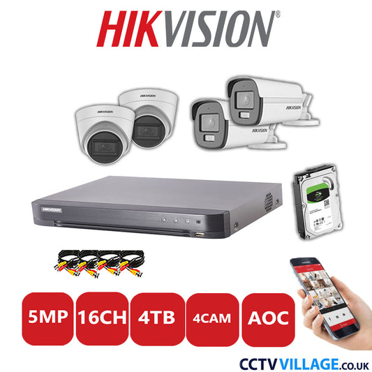 Hikvision 5MP Mix CCTV System 16 Channel DVR-iDS-7216HQHI-K1/4S with 2x Turret Cameras DS.2CE78HOT-ITM3S White & 2x Bullet Cameras DS.2CE12KF0T-LFS White 4TB HDD Full Kit