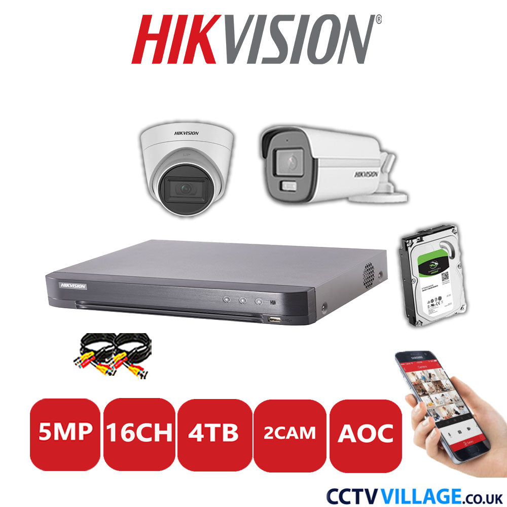 Hikvision 5MP Mix CCTV System 16 Channel DVR-iDS-7216HQHI-K1/4S with 1x Turret Camera DS.2CE78HOT-ITM3S White & 1x Bullet Camera DS.2CE12KF0T-LFS White 4TB HDD Full Kit