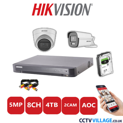 Hikvision 5MP Mix CCTV System 8 Channel DVR-iDS-7208HQHI-K1/4S with 1x Turret Camera DS.2CE78HOT-IT3FS White & 1x Bullet Camera DS.2CE12KF0T-LFS White 4TB HDD Full Kit