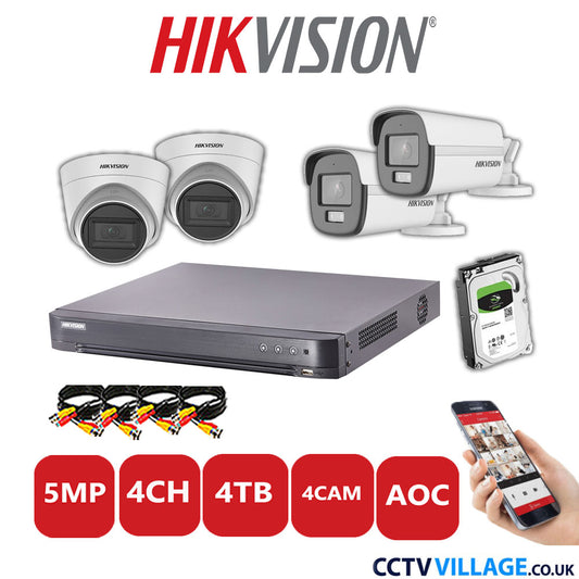 Hikvision 5MP Mix CCTV System 4 Channel DVR-iDS-7204HQHI-K1/2S with 2x Turret Cameras DS-2CE78H0T-IT3FS White & 2x Bullet Cameras DS.2CE12KF0T-LFS White 4TB HDD Full Kit