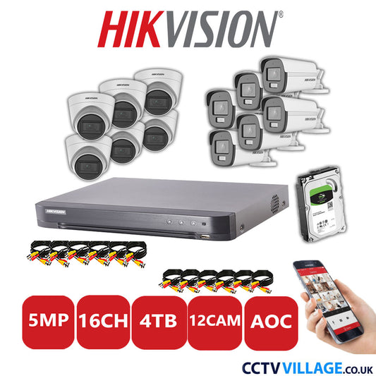 Hikvision 5MP Mix CCTV System 16 Channel DVR-iDS-7216HQHI-K1/4S with 6x Turret Cameras DS.2CE78HOT-ITM3S White & 6x Bullet Cameras DS.2CE12KF0T-LFS White 4TB HDD Full Kit