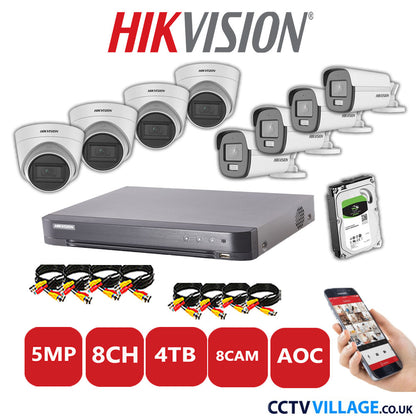 Hikvision 5MP Mix CCTV System 8 Channel DVR-iDS-7208HQHI-K1/4S with 4x Turret Cameras DS.2CE78HOT-IT3FS White & 4x Bullet Cameras DS.2CE12KF0T-LFS White 4TB HDD Full Kit