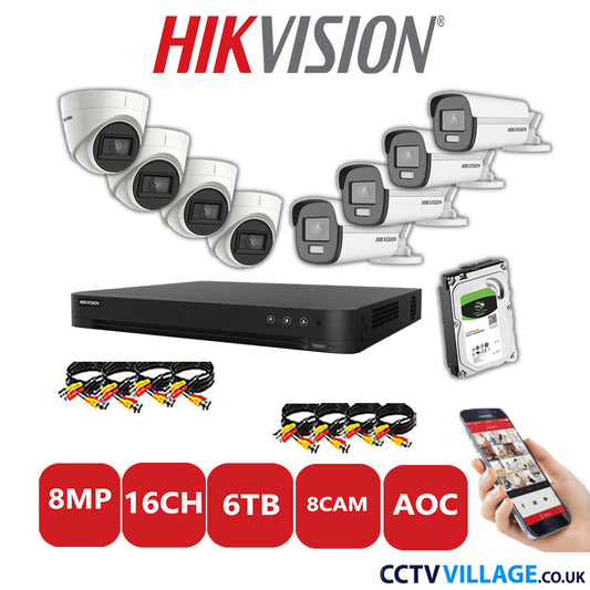 Hikvision 8MP Mix CCTV System 16 Channel DVR-iDS-7216HUHI-M2/S with 4x Turret Cameras DS.2CE78U1T-IT3F White & 4x Bullet Cameras DS.2CE12UF3T-E White 6TB HDD Full Kit