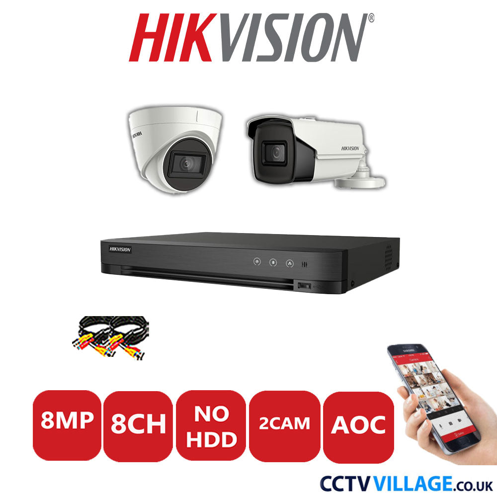 Hikvision 8MP Mix CCTV System 8 Channel DVR-iDS-7208HUHI-M1/S with 1x Turret Camera DS.2CE78U1T-IT3F White & 1x Bullet Camera DS.2CE16U1T-IT3F White No HDD Full Kit