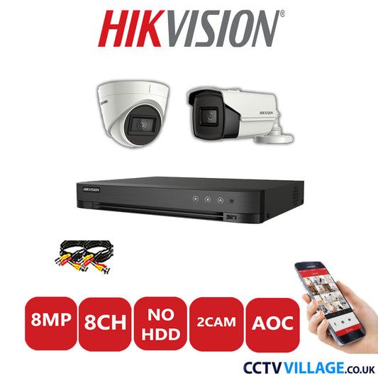 Hikvision 8MP Mix CCTV System 8 Channel DVR-iDS-7208HUHI-M1/S with 1x Turret Camera DS.2CE78U1T-IT3F White & 1x Bullet Camera DS.2CE16U1T-IT3F White No HDD Full Kit