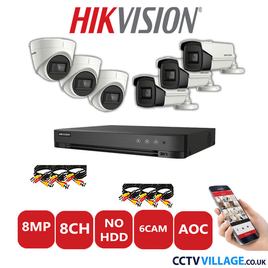 Hikvision 8MP Mix CCTV System 8 Channel DVR-iDS-7208HUHI-M1/S with 3x Turret Cameras DS.2CE78U1T-IT3F White & 3x Bullet Cameras DS.2CE16U1T-IT3F White No HDD Full Kit