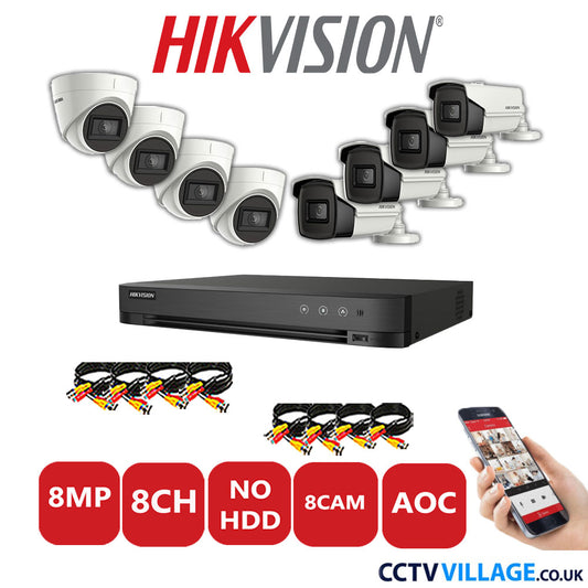 Hikvision 8MP Mix CCTV System 8 Channel DVR-iDS-7208HUHI-M1/S with 4x Turret Cameras DS.2CE78U1T-IT3F White & 4x Bullet Cameras DS.2CE16U1T-IT3F White No HDD Full Kit