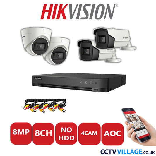 Hikvision 8MP Mix CCTV System 8 Channel DVR-iDS-7208HUHI-M1/S with 2x Turret Cameras DS.2CE78U1T-IT3F White & 2x Bullet Cameras DS.2CE16U1T-IT3F White No HDD Full Kit