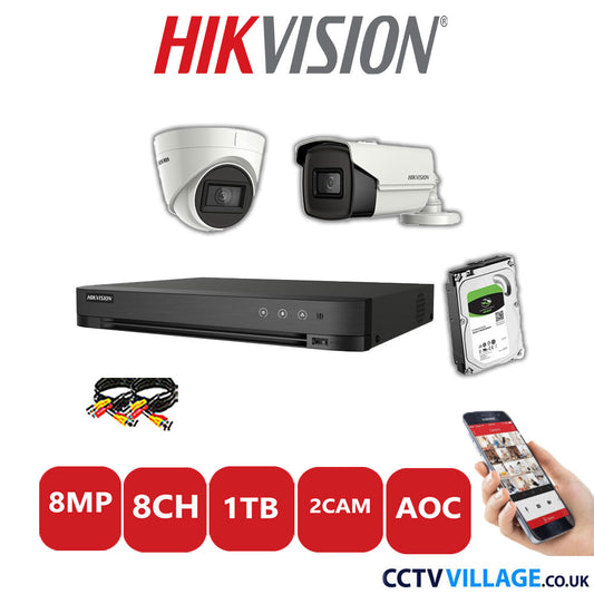 Hikvision 8MP Mix CCTV System 8 Channel DVR-iDS-7208HUHI-M1/S with 1x Turret Camera DS.2CE78U1T-IT3F White & 1x Bullet Camera DS.2CE16U1T-IT3F White 1TB HDD Full Kit