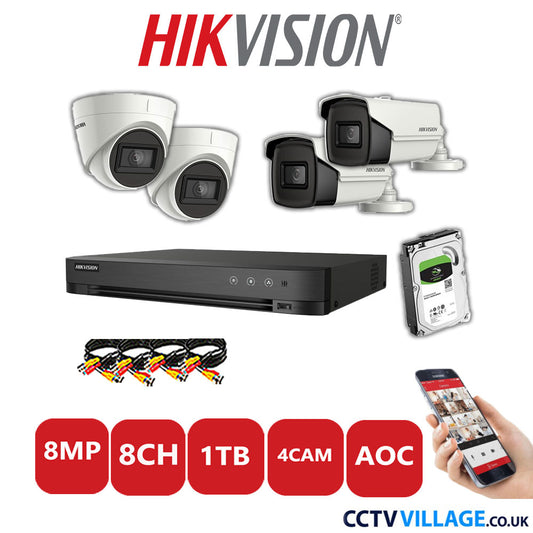 Hikvision 8MP Mix CCTV System 8 Channel DVR-iDS-7208HUHI-M1/S with 2x Turret Cameras DS.2CE78U1T-IT3F White & 2x Bullet Cameras DS.2CE16U1T-IT3F White 1TB HDD Full Kit