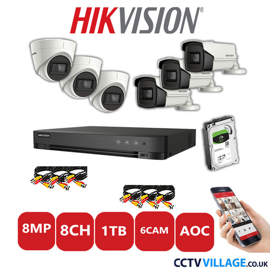 Hikvision 8MP Mix CCTV System 8 Channel DVR-iDS-7208HUHI-M1/S with 3x Turret Cameras DS.2CE78U1T-IT3F White & 3x Bullet Cameras DS.2CE16U1T-IT3F White 1TB HDD Full Kit