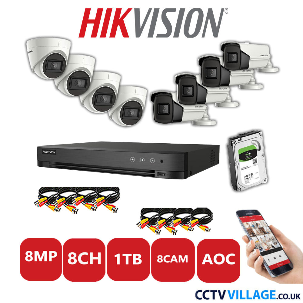 Hikvision 8MP Mix CCTV System 8 Channel DVR-iDS-7208HUHI-M1/S with 4x Turret Cameras DS.2CE78U1T-IT3F White & 4x Bullet Cameras DS.2CE16U1T-IT3F White 1TB HDD Full Kit