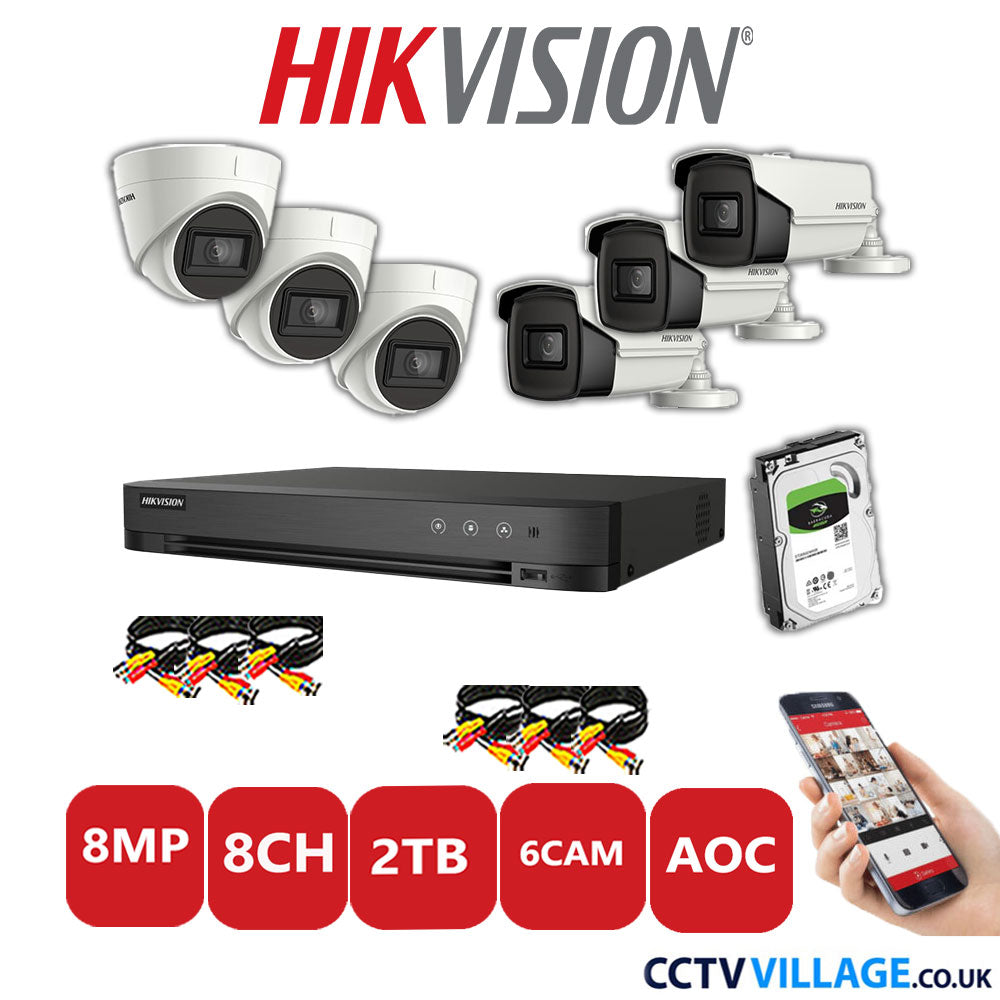 Hikvision 8MP Mix CCTV System 8 Channel DVR-iDS-7208HUHI-M1/S with 3x Turret Cameras DS.2CE78U1T-IT3F White & 3x Bullet Cameras DS.2CE16U1T-IT3F White 2TB HDD Full Kit