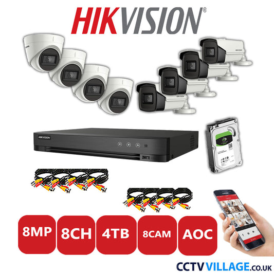 Hikvision 8MP Mix CCTV System 8 Channel DVR-iDS-7208HUHI-M1/S with 4x Turret Cameras DS.2CE78U1T-IT3F White & 4x Bullet Cameras DS.2CE16U1T-IT3F White 4TB HDD Full Kit