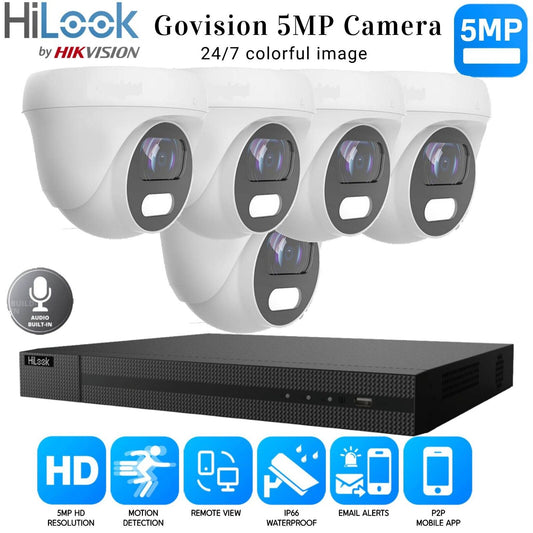 HIKVISION 5MP COLORVU AUDIO MIC CCTV SECURITY OUTDOOR INDOOR CAMERA SYSTEM KIT 8CH DVR 5x Cameras (white) 1TB HDD