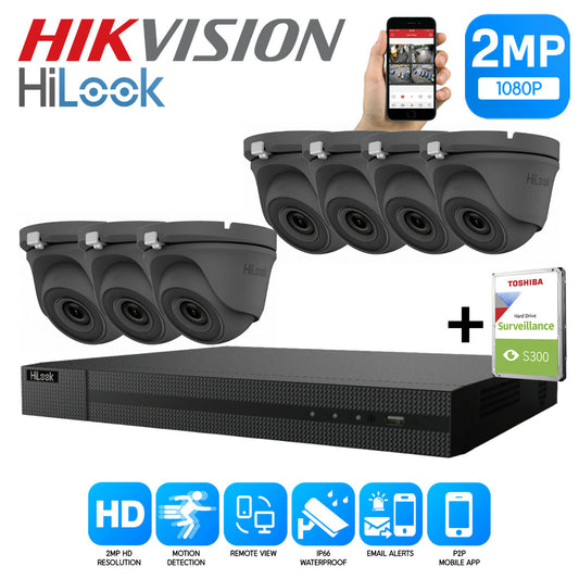 HIKVISION HILOOK CCTV SYSTEM KIT 8CH DVR 2MP TURRET CAMERA DAY/NIGHT UK 8CH DVR 7xCameras (gray) 1TB HDD