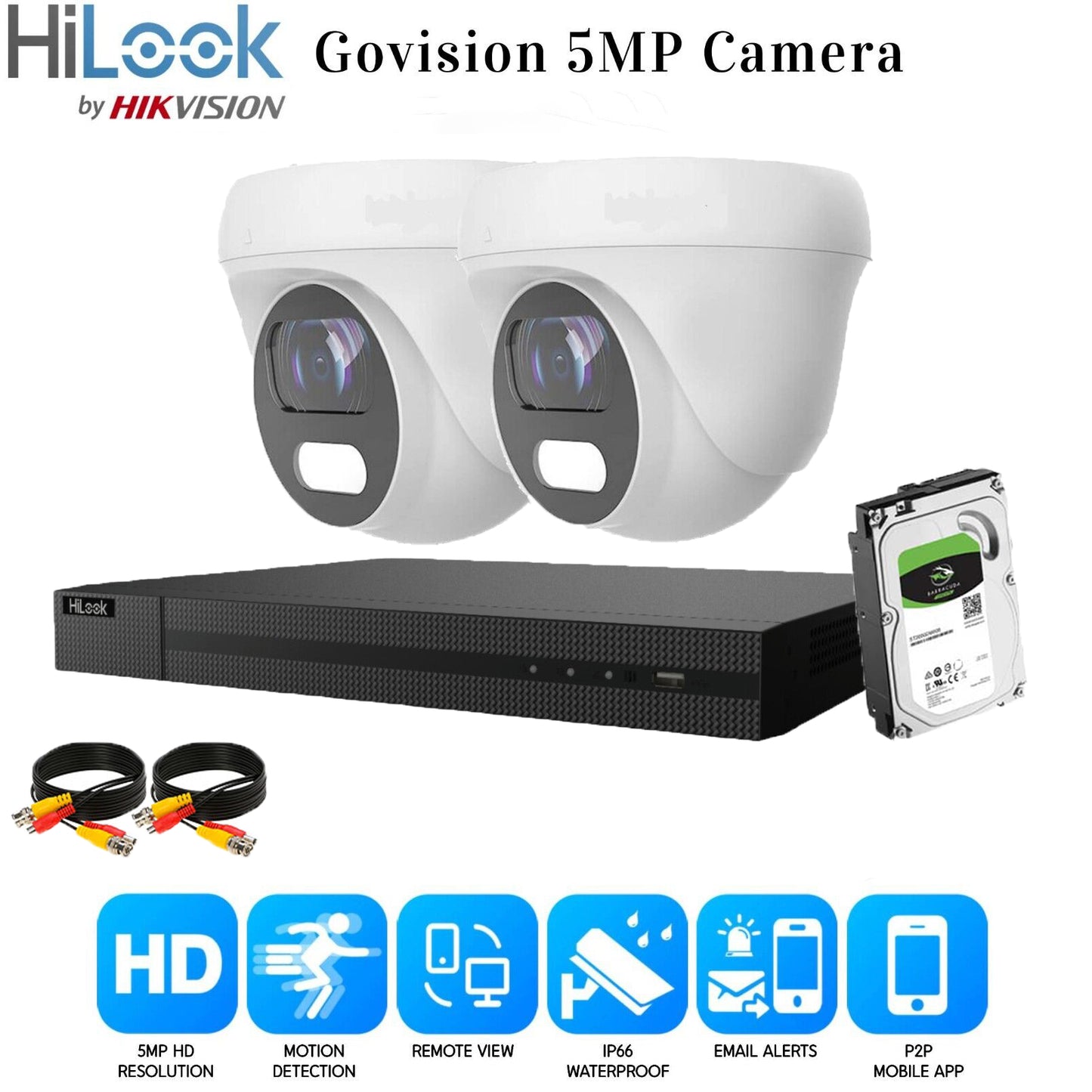 HIKVISION COLORVU CCTV SYSTEM HD 5MP 24/7 COLORVu CAMERA KIT UK 4CH DVR 2x Cameras (white) 1TB HDD