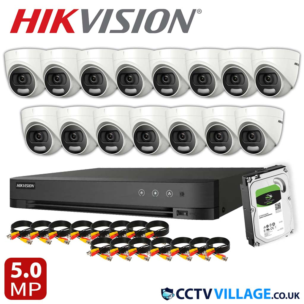 Hikvision 15x Camera Kit 16 Channel 1080p 1U H.265 AcuSense DVR with 3TB HDD 5MP ColorVu Fixed Turret Camera DS-2CE72HFT-F(3.6mm)