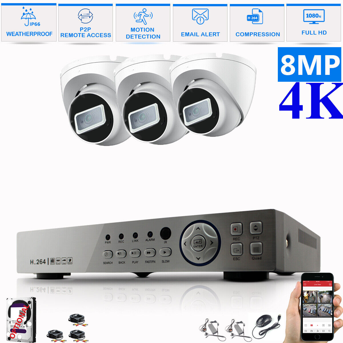 8MP CCTV 4K KIT DVR SYSTEM OUTDOOR ULTRA HD HOME CAMERA SECURITY KIT NIGHTVISION 4CH DVR 3xCameras (white) 4TB HDD