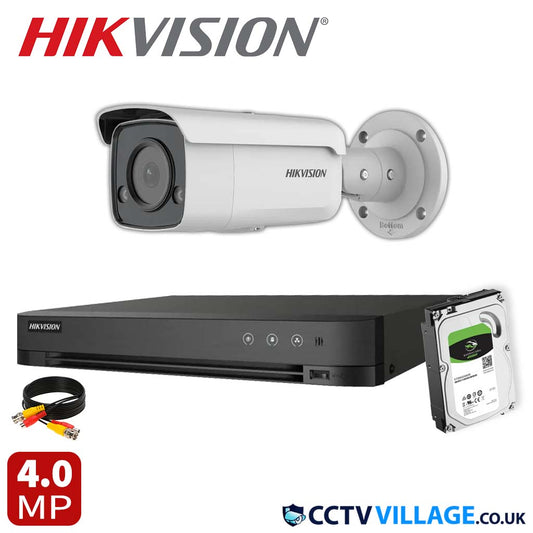 Hikvision 1x Camera System 4 Channel 1080p 1U H.265 AcuSense DVR with 1TB HDD 4 MP ColorVu Strobe Light and Audible Warning Fixed Bullet Network Camera (DS-2CD2T47G2-LSU/SL)