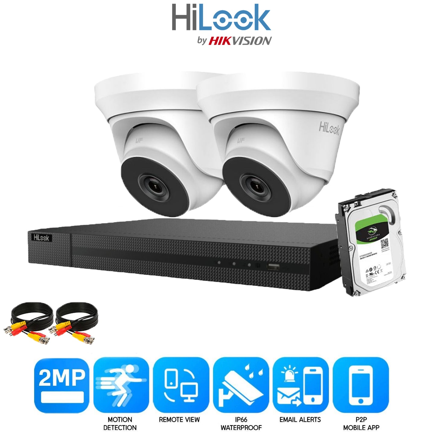 HIKVISION HD CCTV SYSTEM 2MP 8CH DVR OUTDOOR IP66 40M LOW LIGHT CAMERA 2x Cameras (white) 2TB HDD