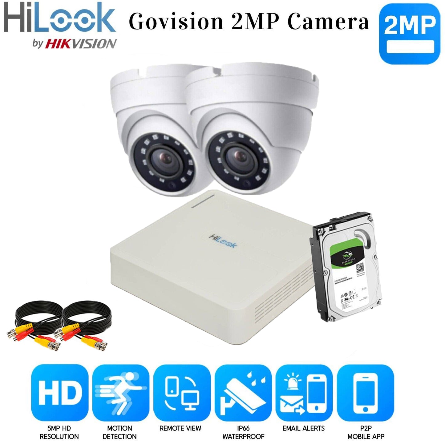 Hikvision Home Outdoor CCTV Security Camera System Kit HD 1080P 4CH DVR IR NIGHT 4CH DVR 2xCameras (white) 2TB HDD