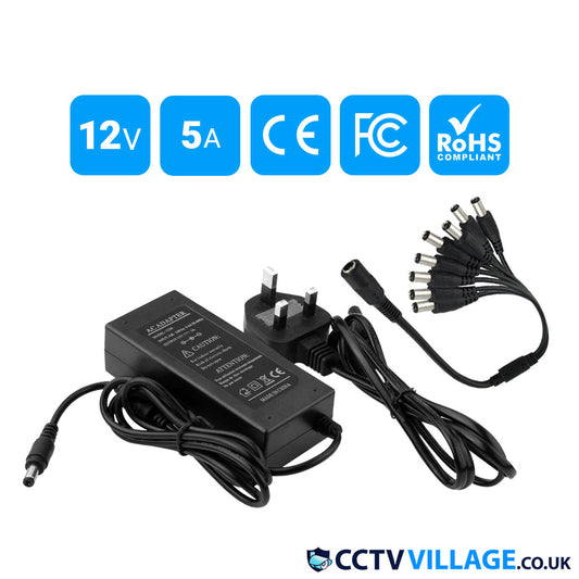CCTV Camera Adapter 12V 5A Power Supply + 8 Way Power Splitter Cable