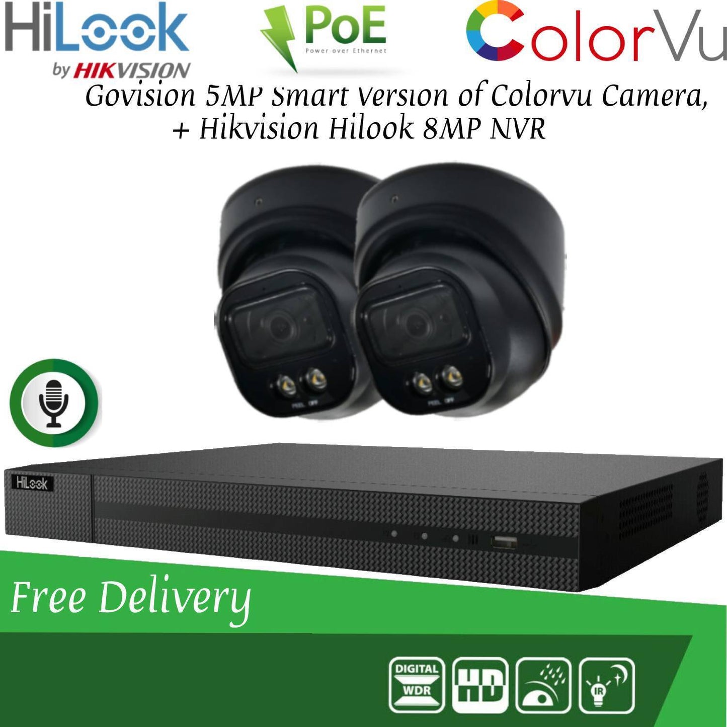 HIKVISION 8MP POE CCTV SYSTEM IP UHD NVR 5MP 24/7 COLORVU AUDIO MIC CAMERA KIT 4CH DVR 2x Cameras (Black) 4TB HDD