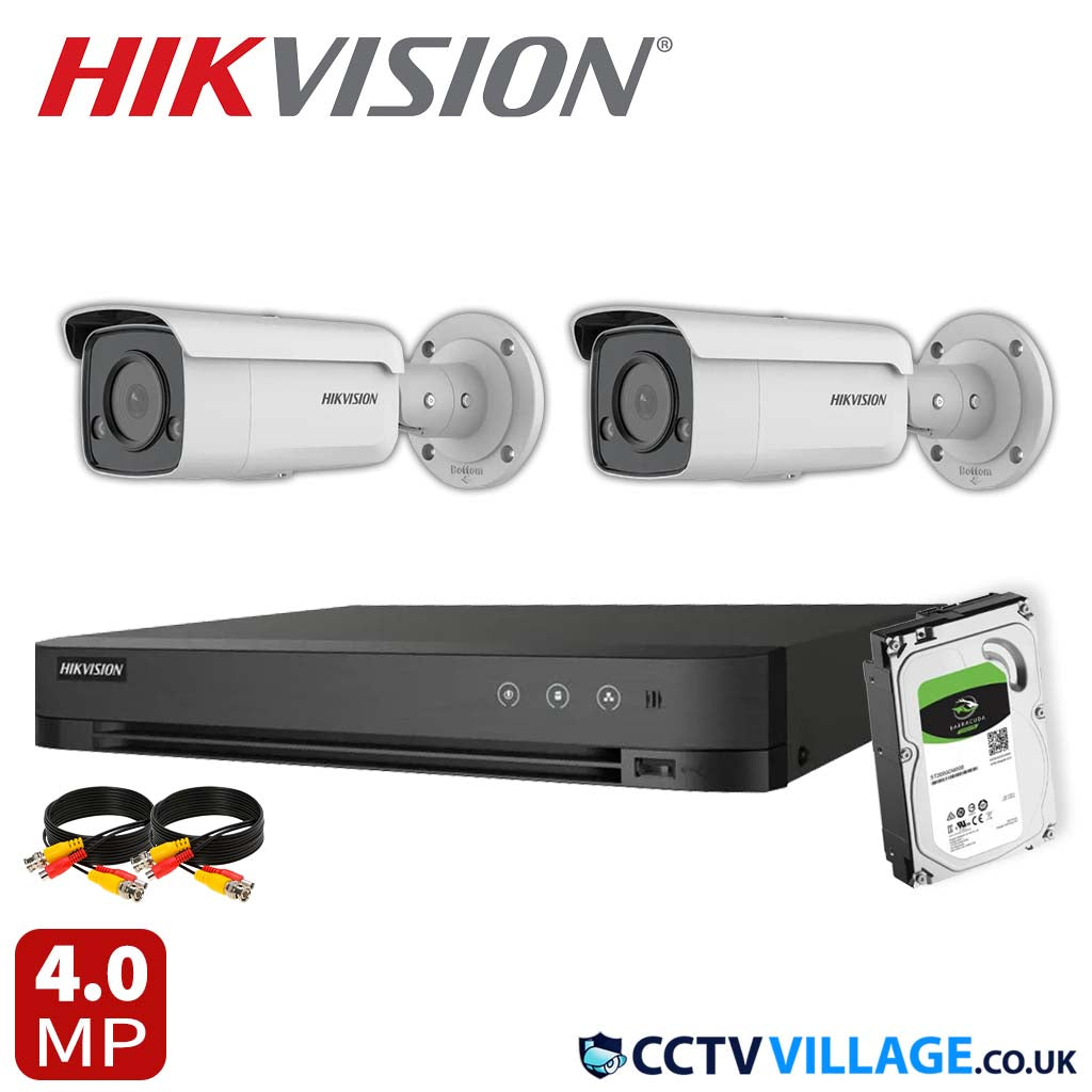 Hikvision 2x Camera Kit 4 Channel 1080p 1U H.265 AcuSense DVR with 1TB HDD 4 MP ColorVu Strobe Light and Audible Warning Fixed Bullet Network Camera (DS-2CD2T47G2-LSU/SL)