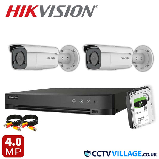 Hikvision 2x Camera Kit 4 Channel 1080p 1U H.265 AcuSense DVR with 1TB HDD 4 MP ColorVu Strobe Light and Audible Warning Fixed Bullet Network Camera (DS-2CD2T47G2-LSU/SL)