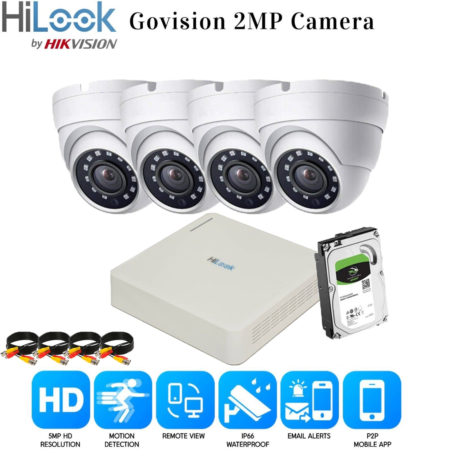 HIKVISION CCTV SYSTEM FULL HD DVR HD OUTDOOR CAMERA HOME SECURITY KIT 8CH DVR 4xCameras (white) 1TB HDD