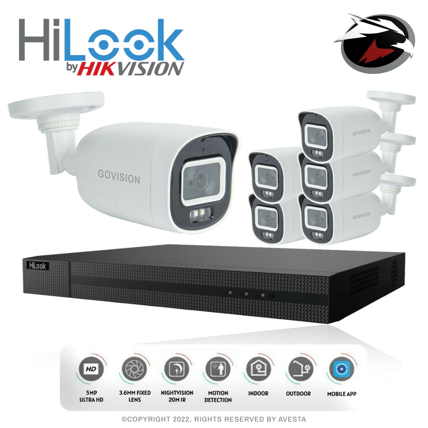 HIKVISION HILOOK 5MP CCTV SYSTEM DVR UHD 24/7 HOURS COLORFUL NIGHTVISION CAMERA 8CH DVR 6xCameras (white) 1TB HDD