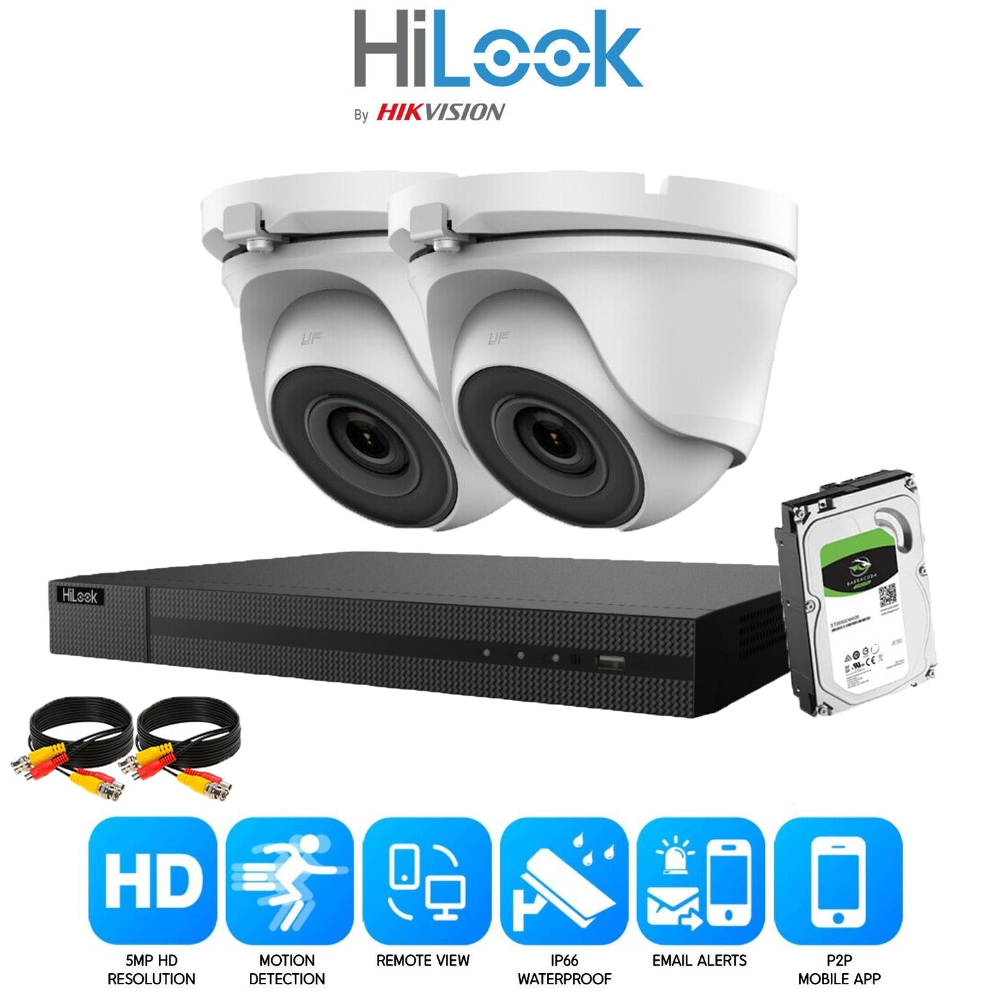 HiLook CCTV ULTRA HD 5MP NIGHTVISION OUTDOOR DVR HIK-CONNECT HOME SECURITY SYSTEM KIT 4CH DVR 2x Cameras (white) 1TB HDD