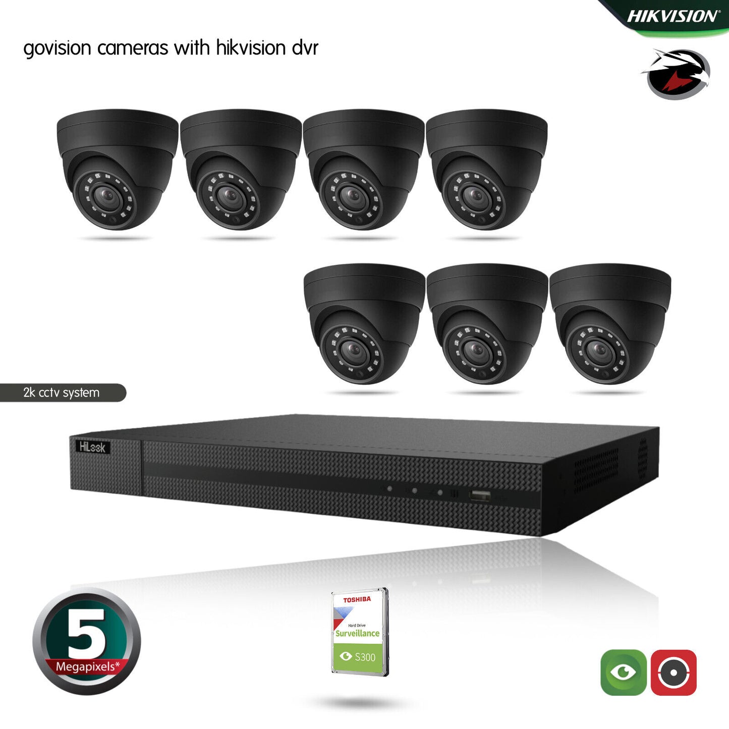 HIKVISION 5MP CCTV FULL HD NIGHT VISION OUTDOOR DVR HOME SECURITY SYSTEM KIT UK 8CH DVR 7xCameras (gray) 3TB HDD