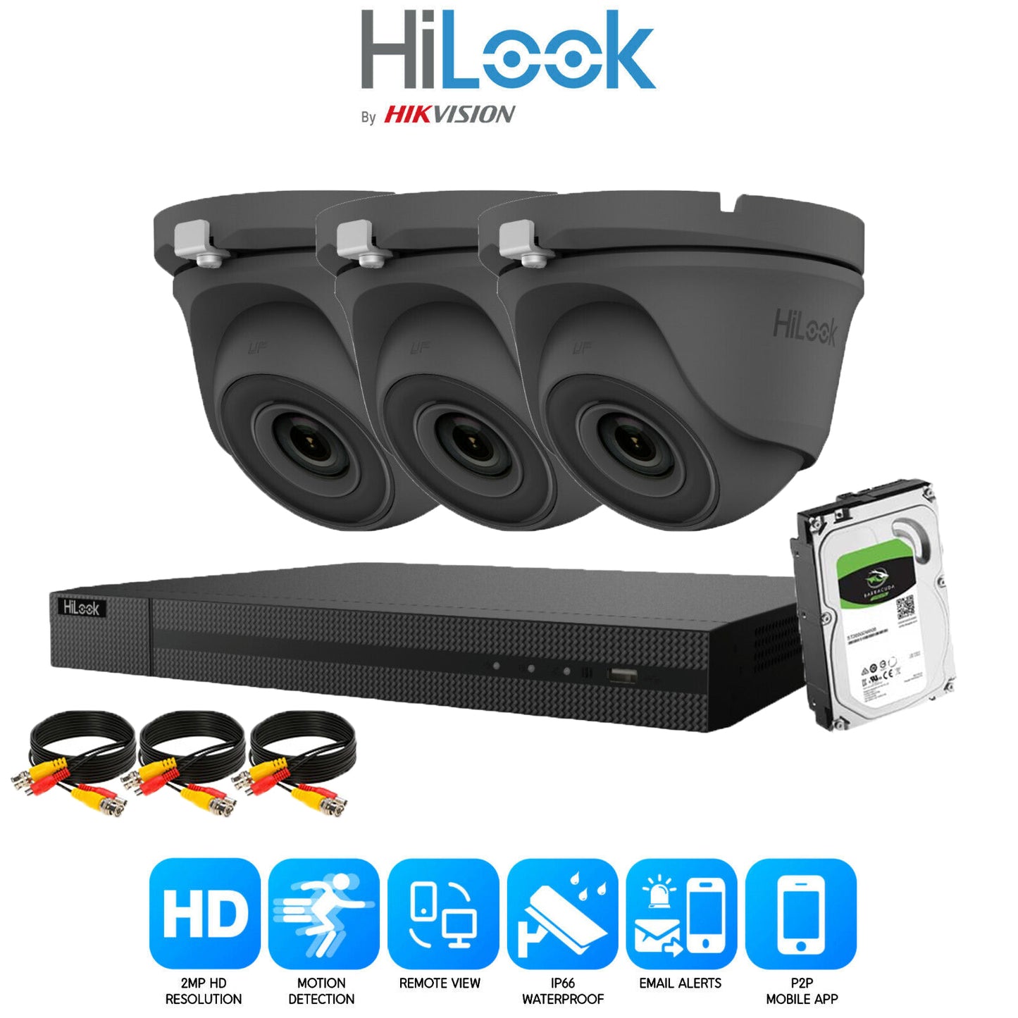 Hilook 2MP Full CCTV Security System. 4CH DVR and 3x Turret Cameras and 1TB HDD