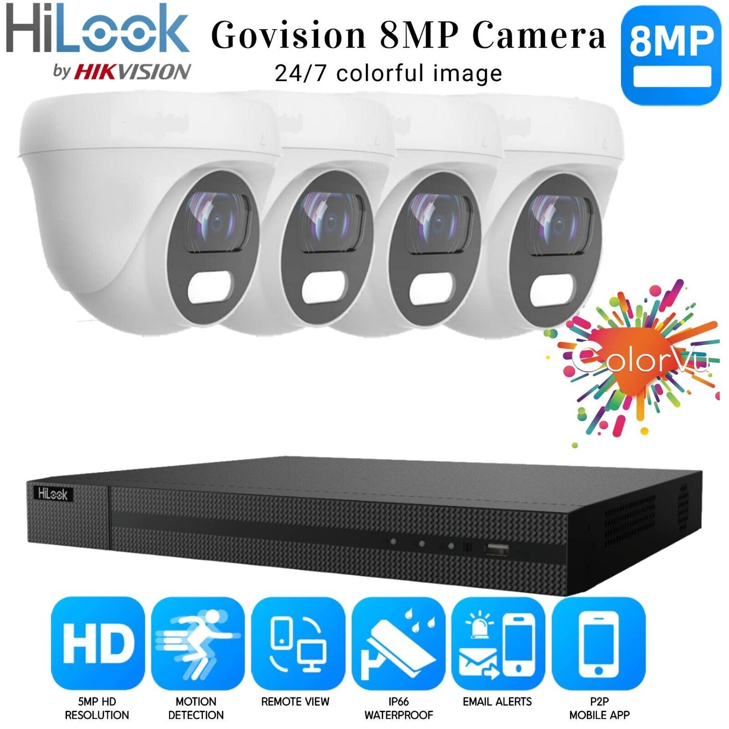 HIKVISION 8MP COLORVU CCTV SYSTEM UHD 8MP DVR 4K 24/7 COLORVu OUTDOOR CAMERA KIT 8CH DVR 4xCameras (white) 1TB HDD