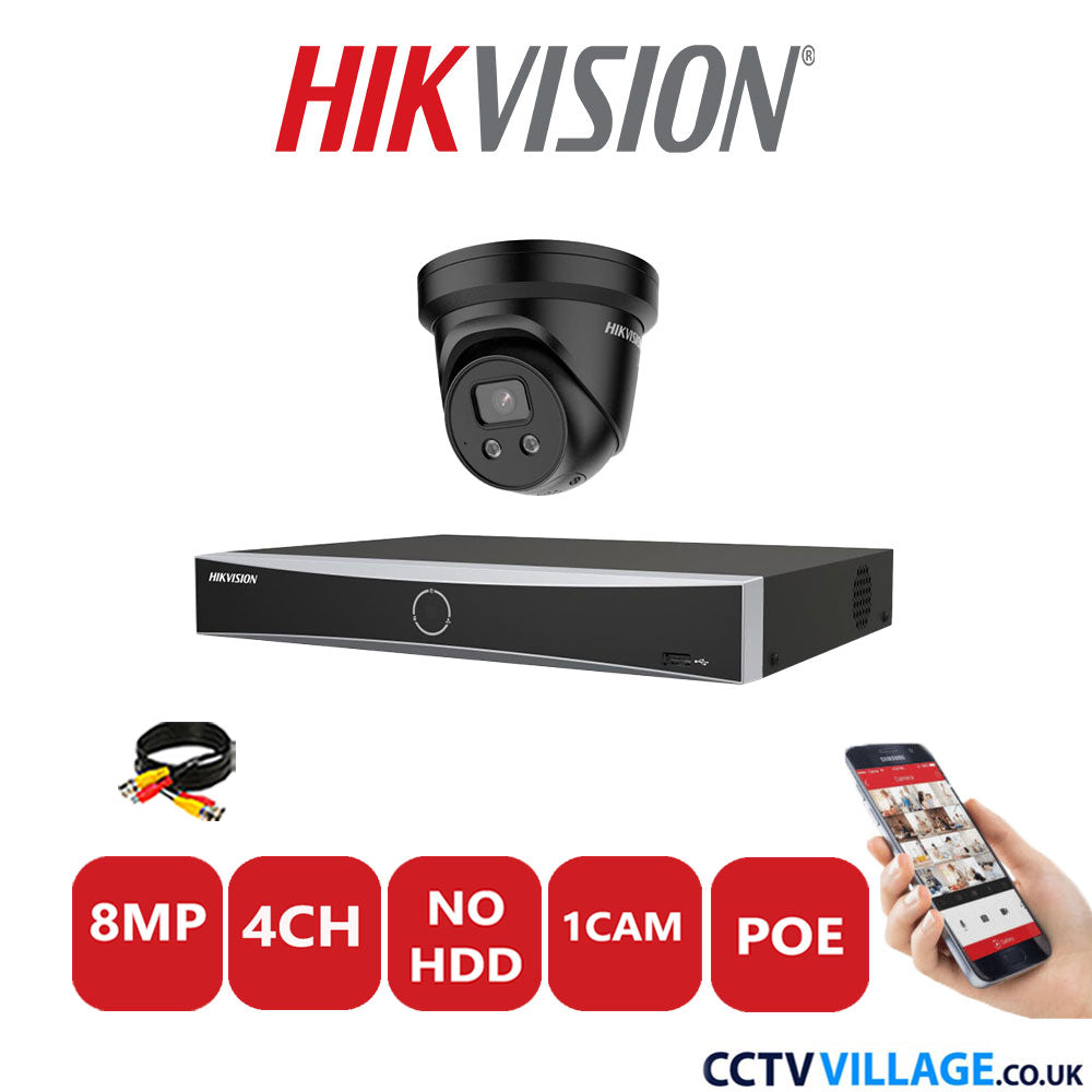 Hikvision 8MP IP CCTV Kit 4 Channel NVR-DS7604NXI-K1/4P with 1x Turret Camera DS-2CD2386G2-ISU/SL Black No HDD Full Kit