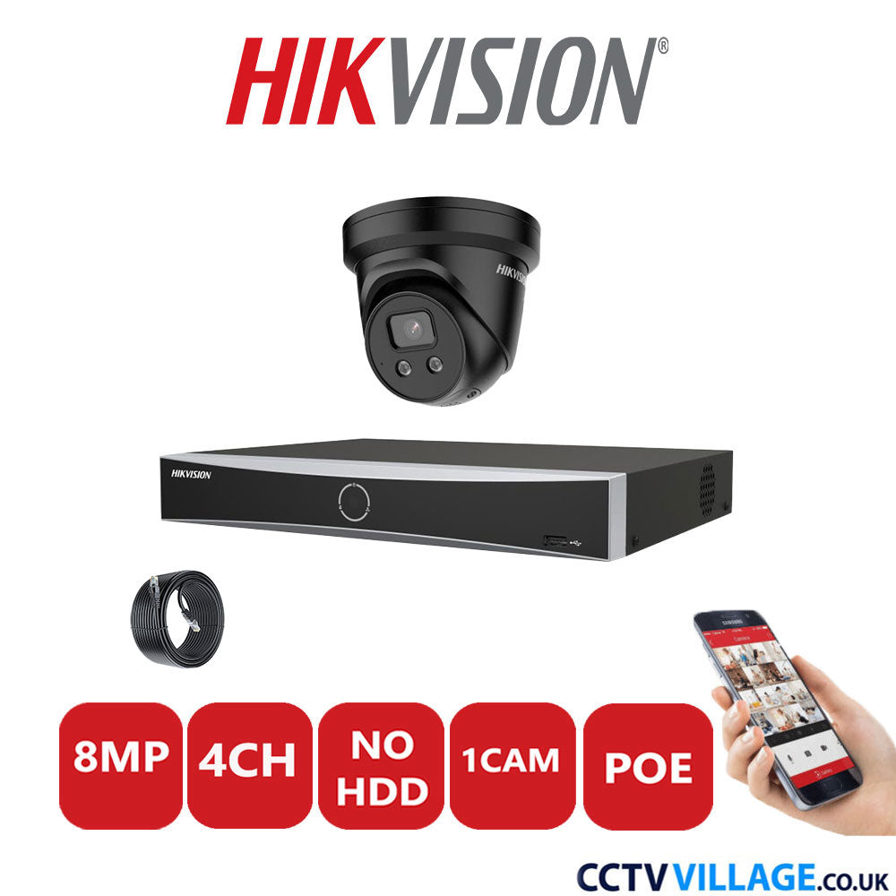 Hikvision 8MP IP CCTV System 4 Channel NVR-DS7604NXI-K1/4P with 1x Turret Camera DS-2CD2386G2-ISU/SL Black No HDD Full Kit