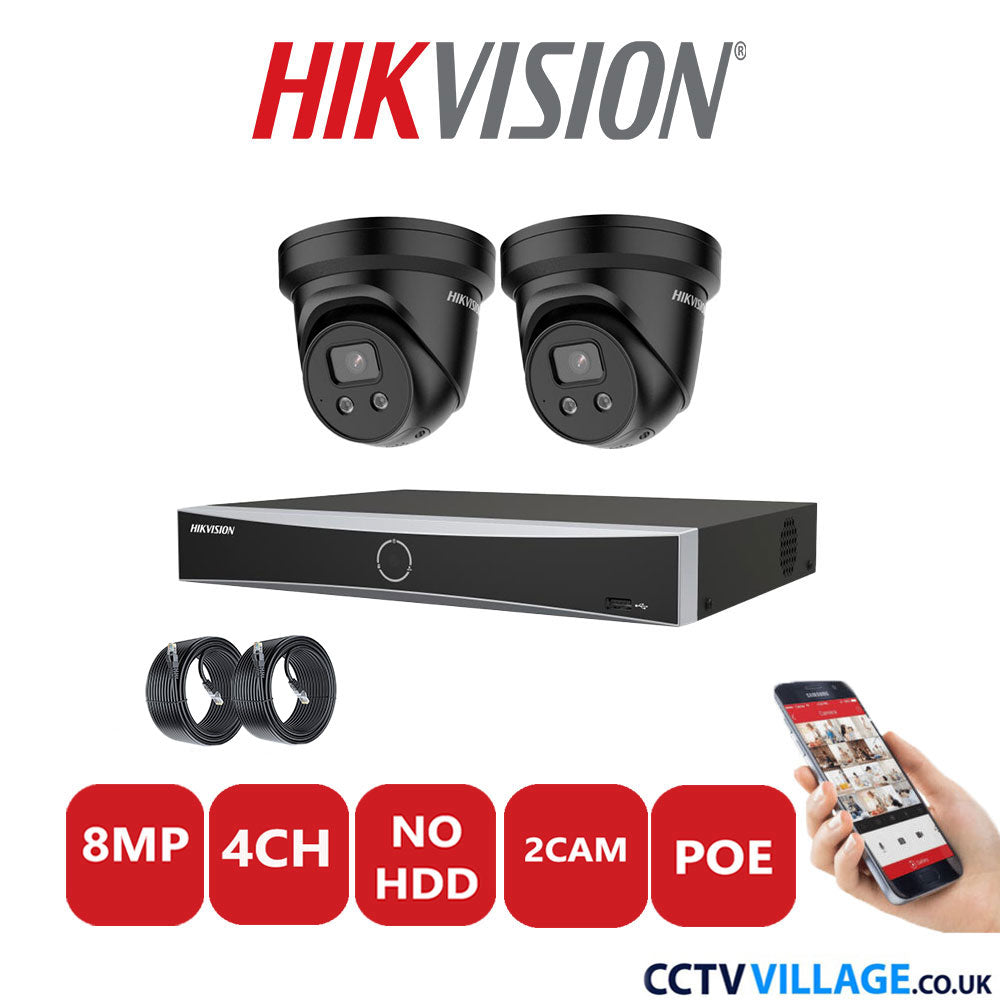 Hikvision 8MP IP CCTV System 4 Channel NVR-DS7604NXI-K1/4P with 2x Turret Cameras DS-2CD2386G2-ISU/SL Black No HDD Full Kit