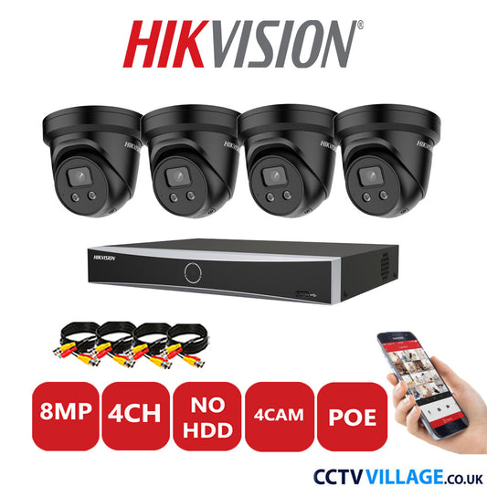 Hikvision 8MP IP CCTV Kit 4 Channel NVR-DS7604NXI-K1/4P with 4x Turret Cameras DS-2CD2386G2-ISU/SL Black No HDD Full Kit